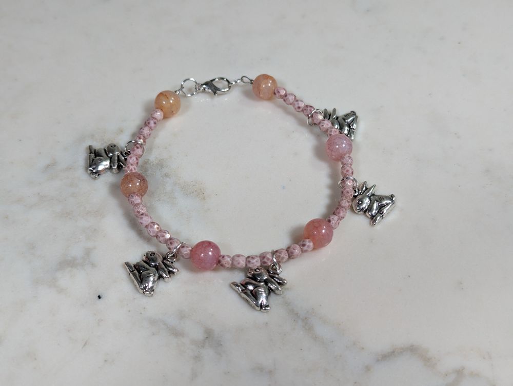 Pink Glass Bead and Bunny Bracelet